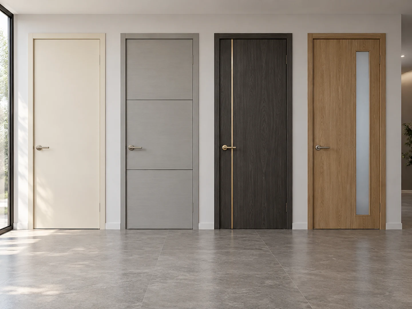 Four clearly displayed wood door designs: plain flush, grooved, metal inlay and glazed