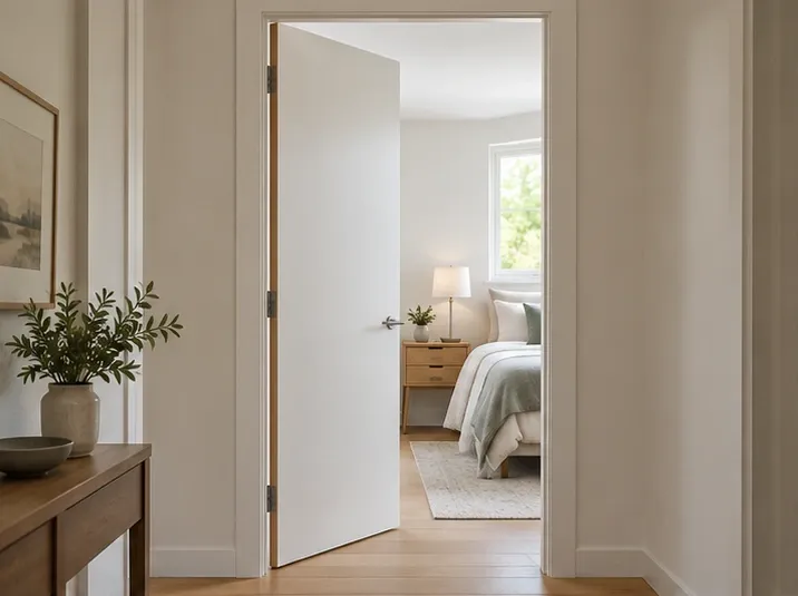 Interior wood door at a bright bedroom entrance