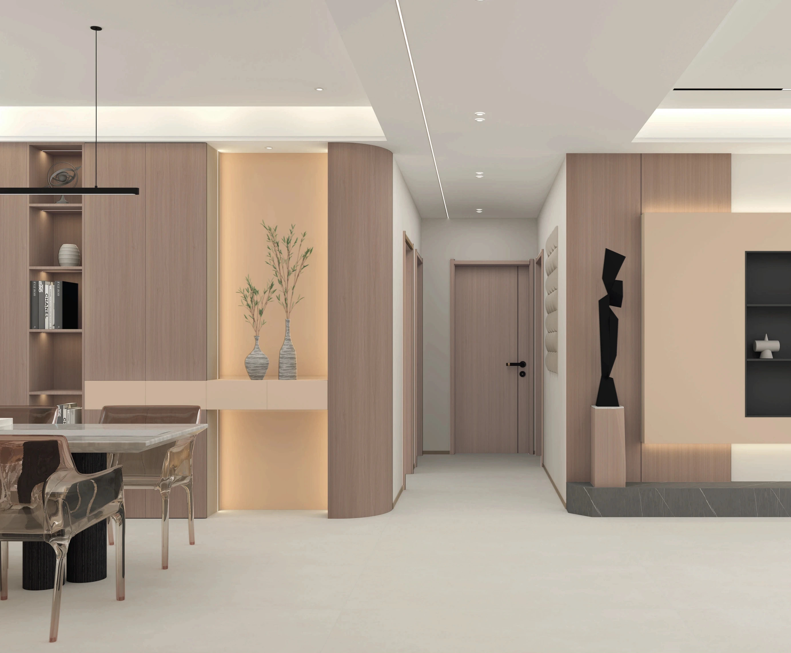Residential interior with coordinated door, wall panels and cabinetry
