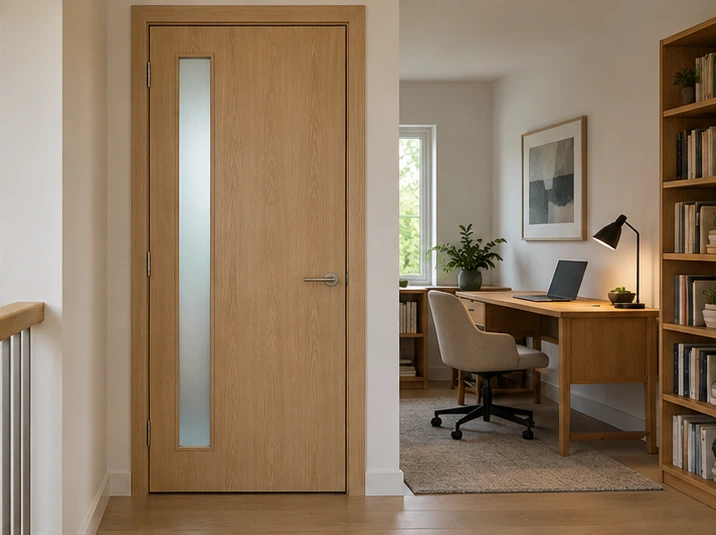Glazed wood door beside a home study desk
