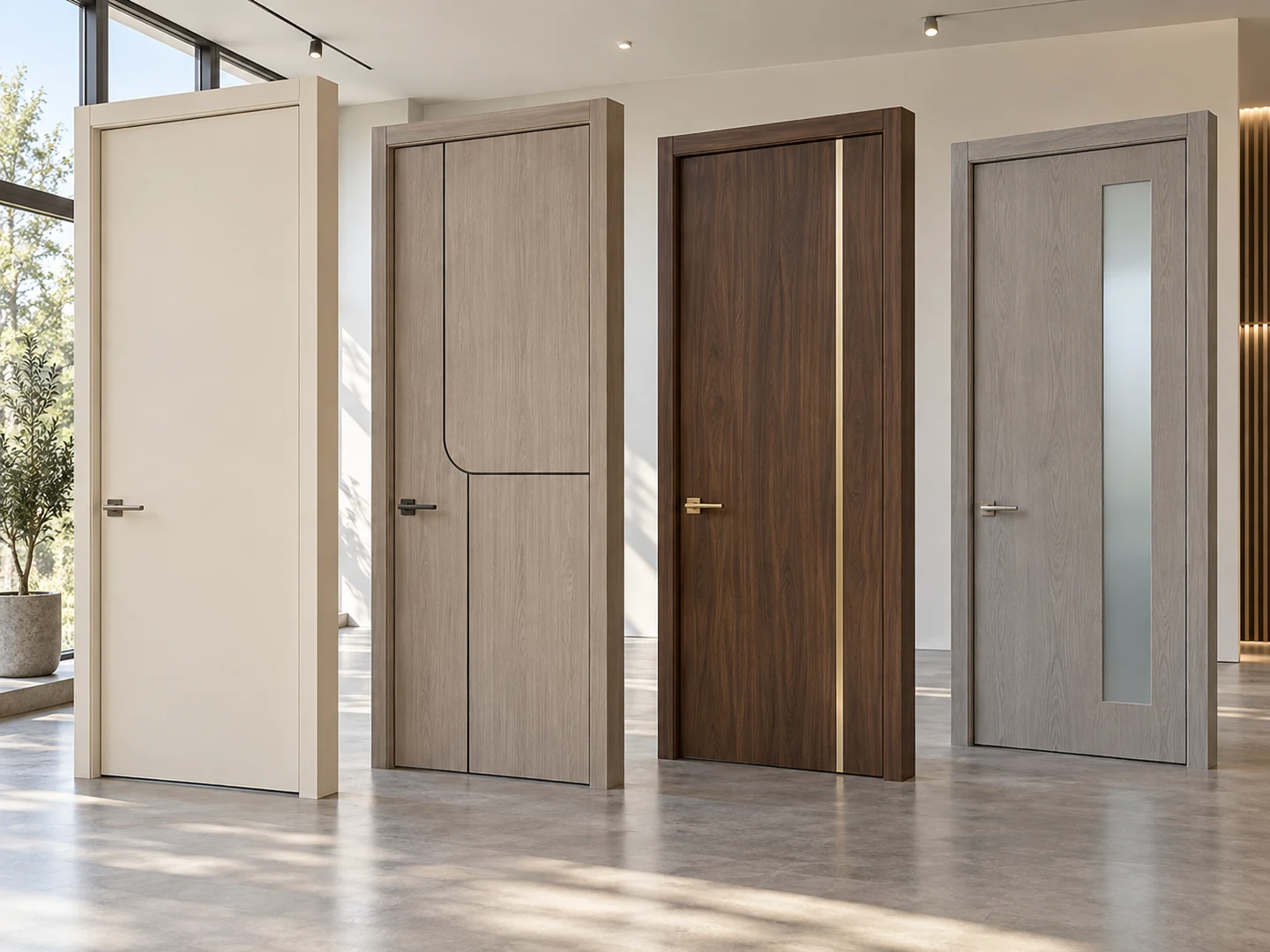 Showroom displaying plain flush, grooved, metal-inlay and glazed wood doors in four finishes