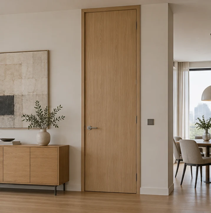 Tall pale oak door beside an ordinary-height apartment sideboard