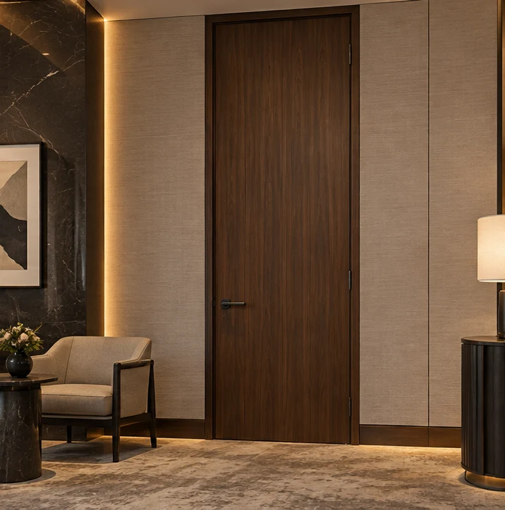 Added-height dark wood door in a hotel public-area interior