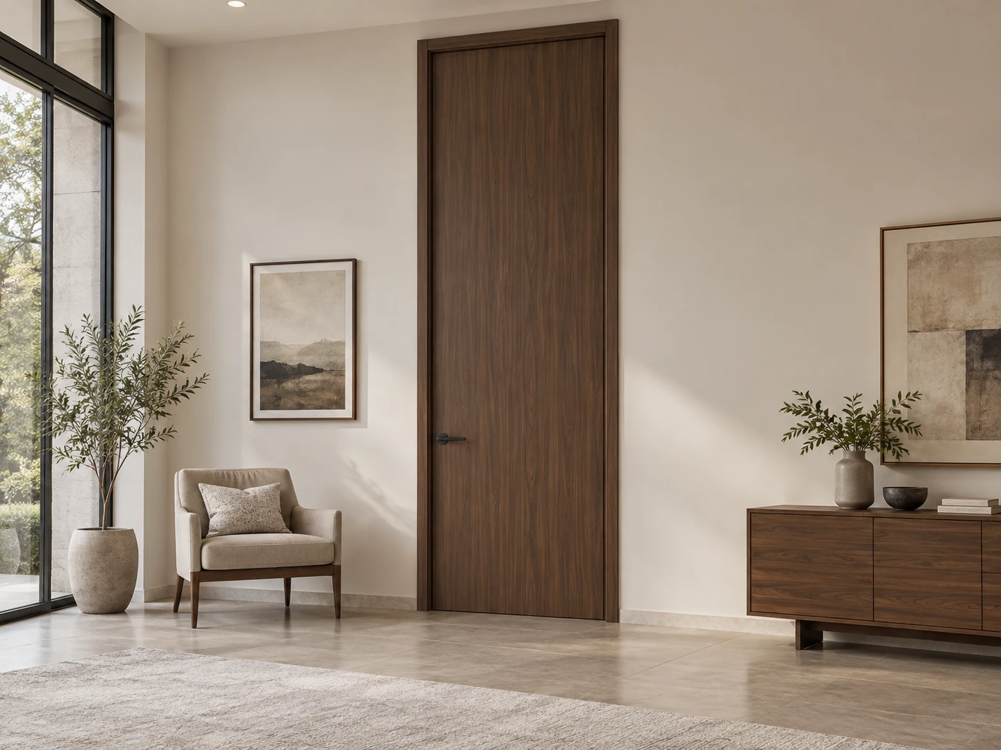 Full-height walnut-finish door with an ordinary-height chair and ceiling providing scale