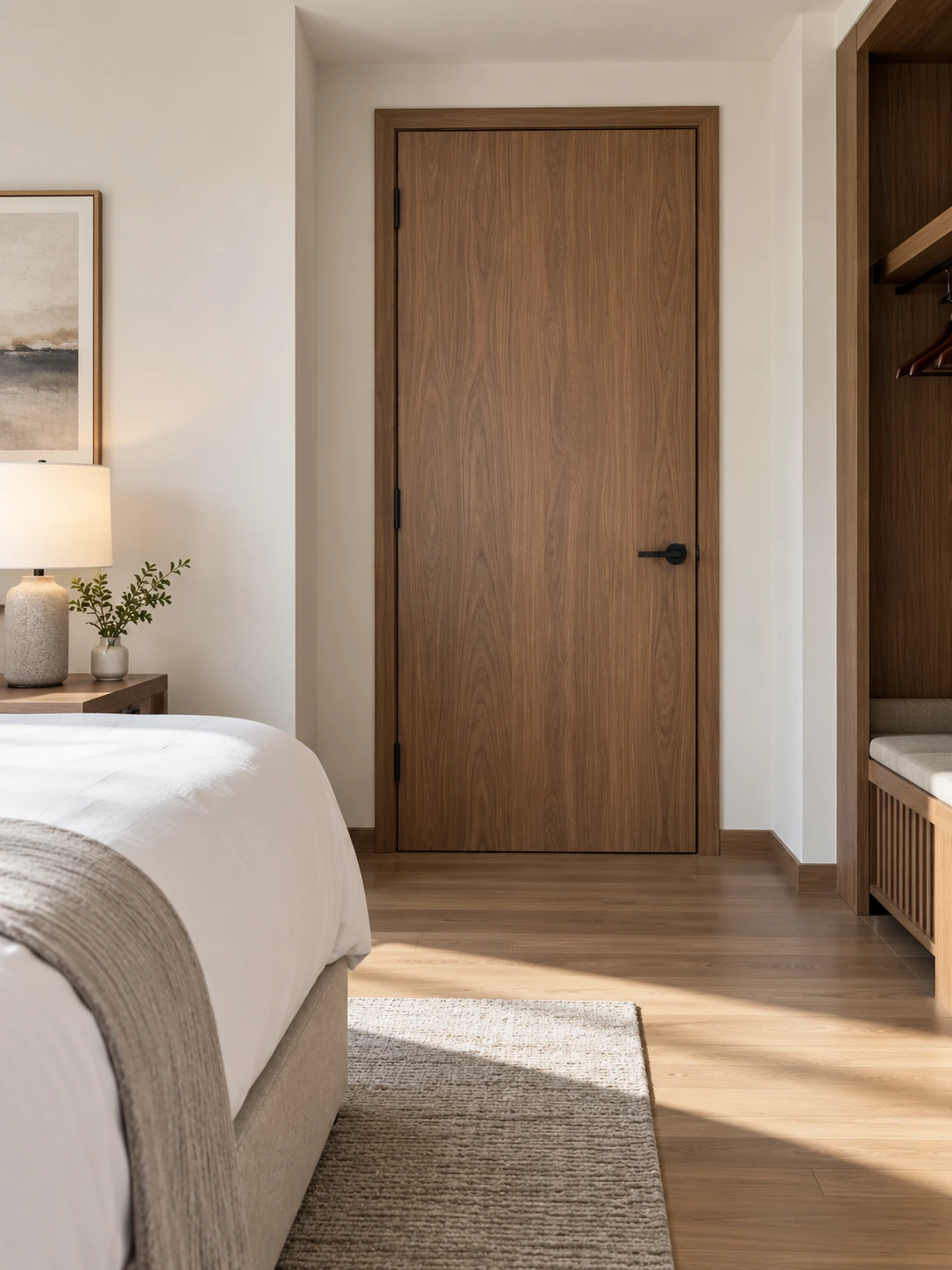 Woodgrain interior door beside a guest bed and matching wardrobe