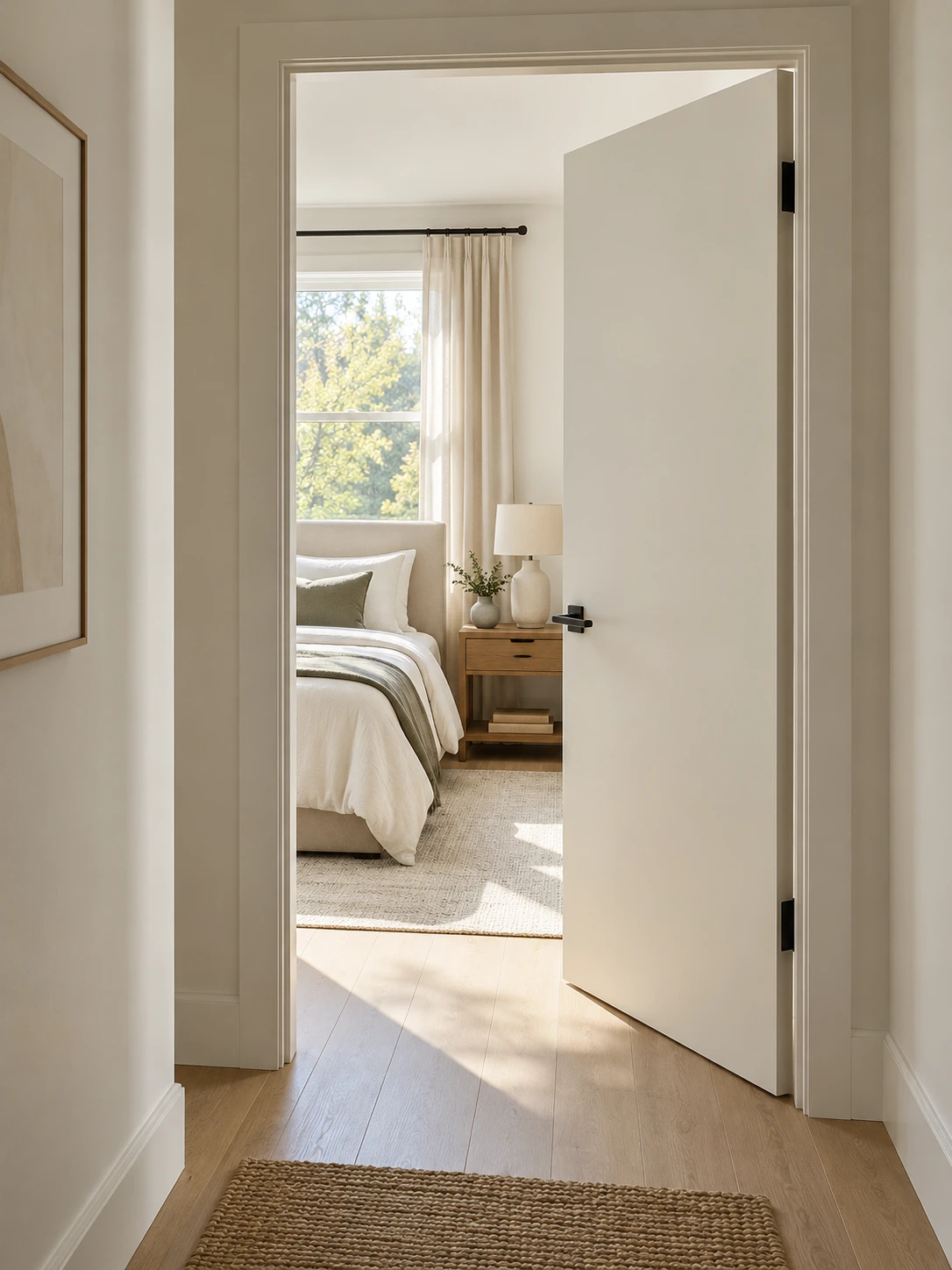 Plain flush interior door installed in a bright bedroom