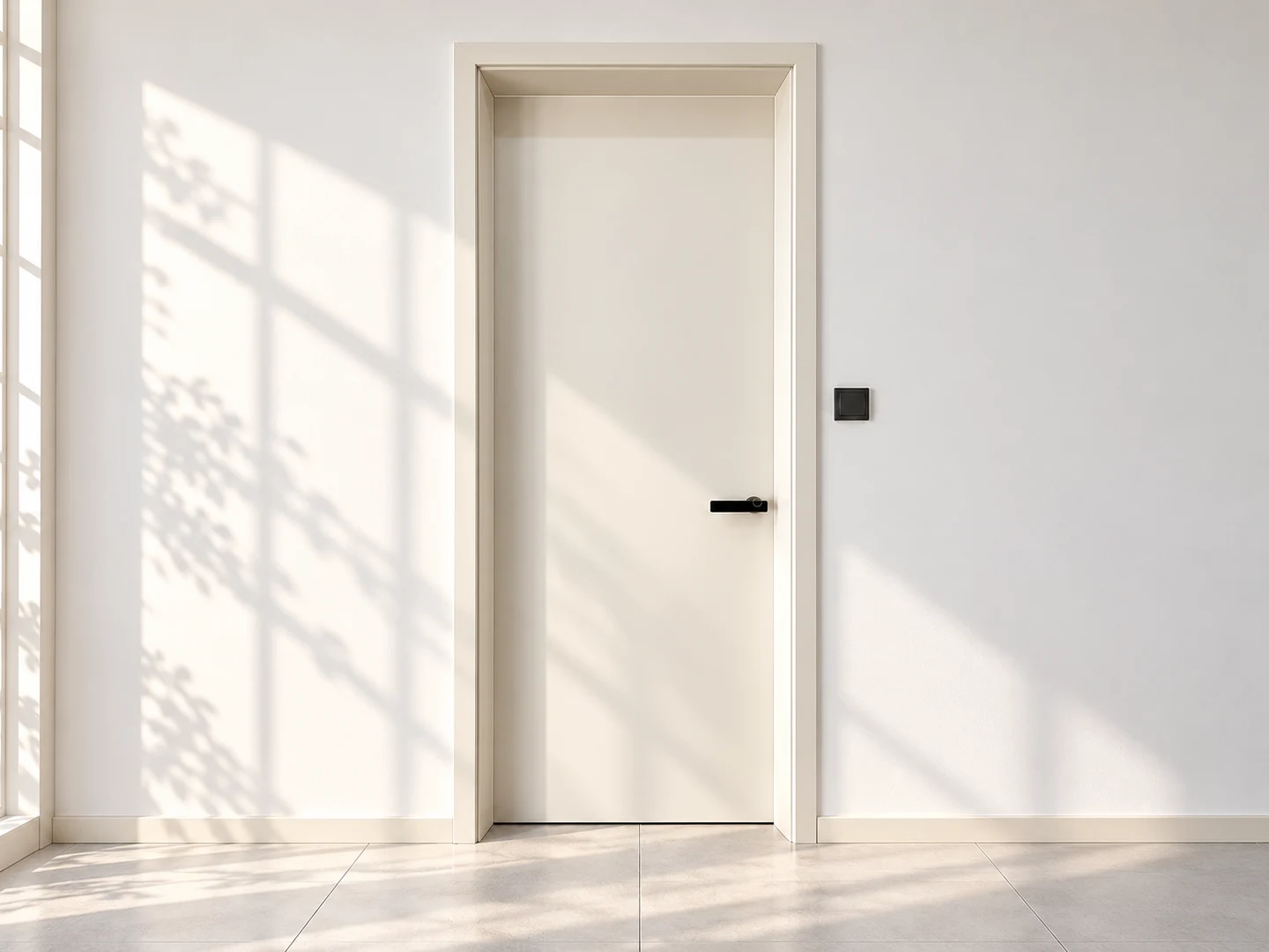 Plain flush wood door in a bright interior