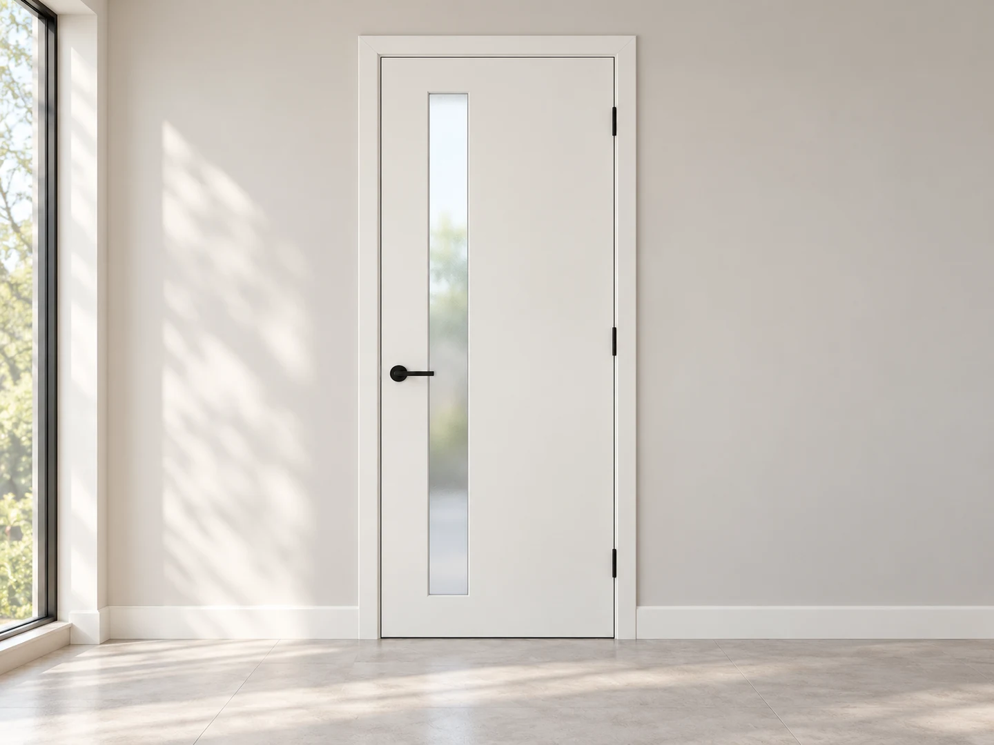 Wood door with a narrow frosted glass panel